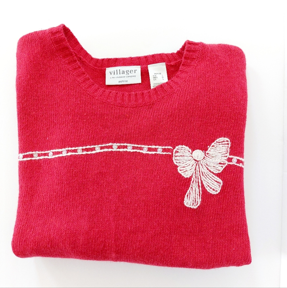 Red Holiday Sweater Embroidered Beaded Bow Size petite Large Villager Christmas